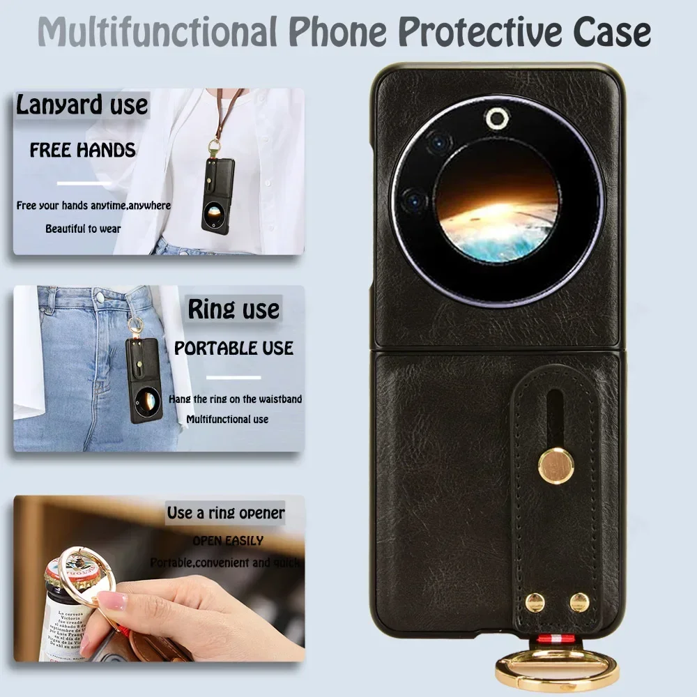 Portable Wristband Cover for TECNO PHANTOM V FLIP Case for TECNO PHANTOM V FLIP Case Leather Hand Strap Holder Metal Ring Funda - Image 2