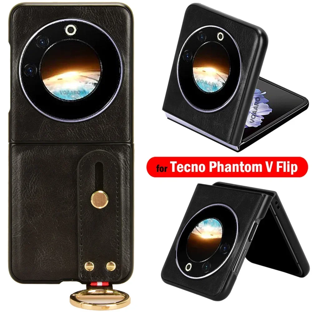 Portable Wristband Cover for TECNO PHANTOM V FLIP Case for TECNO PHANTOM V FLIP Case Leather Hand Strap Holder Metal Ring Funda